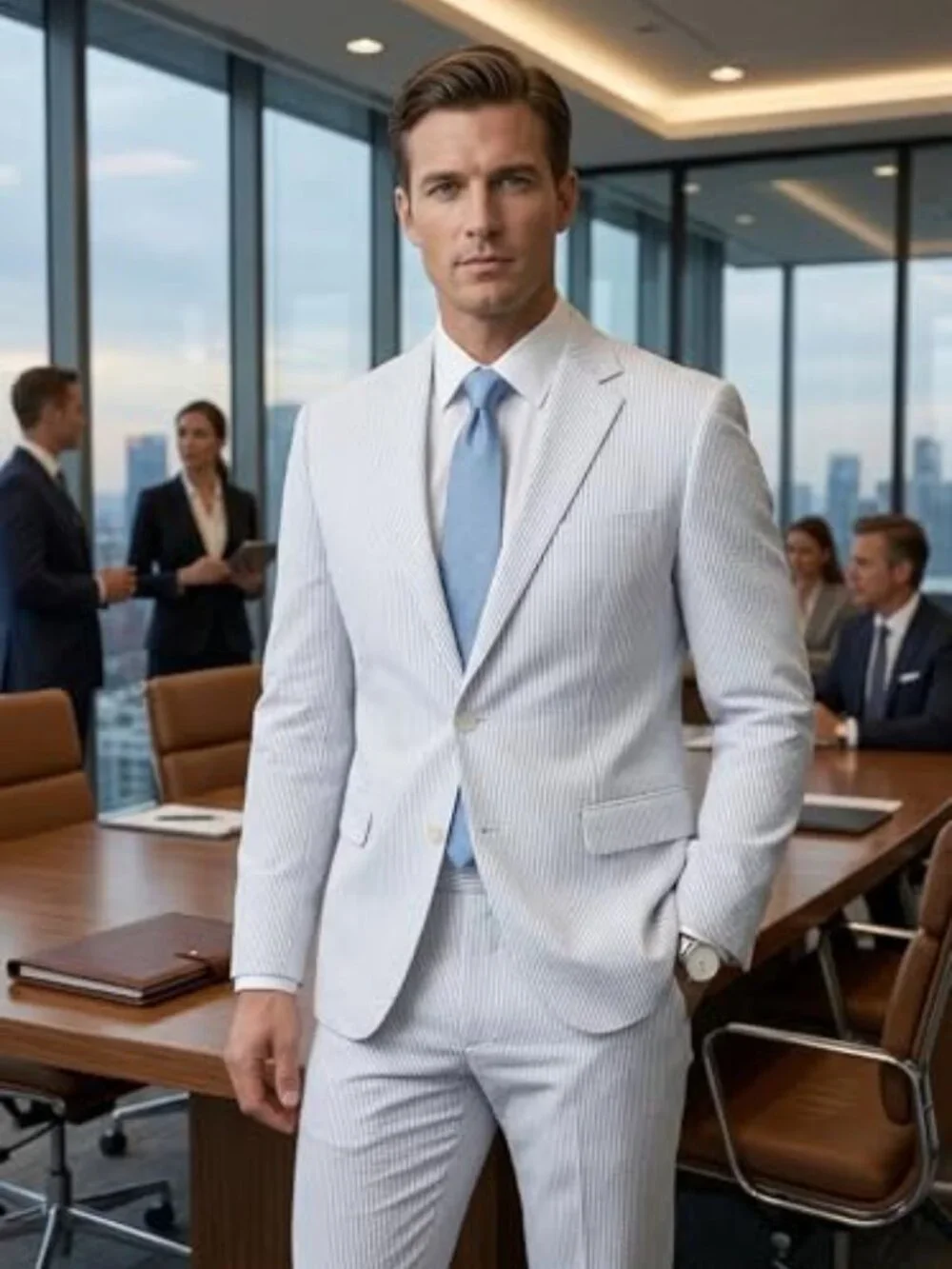 Men's Seersucker Suit Set Slim Fit Wedding Groom Outfit